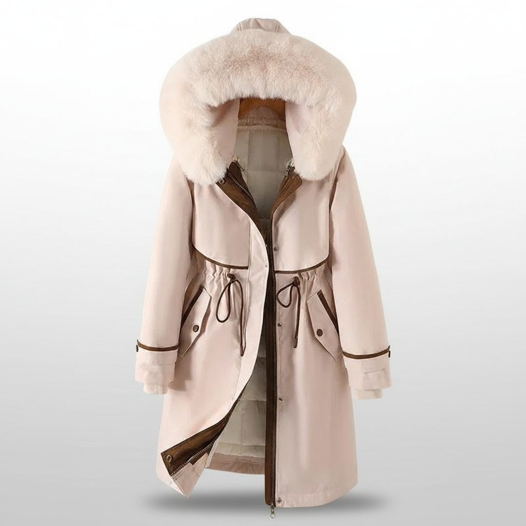 Beige winter coat with fur-lined hood on a light gray background