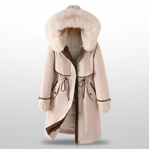 Beige winter coat with fur-lined hood on a light gray background