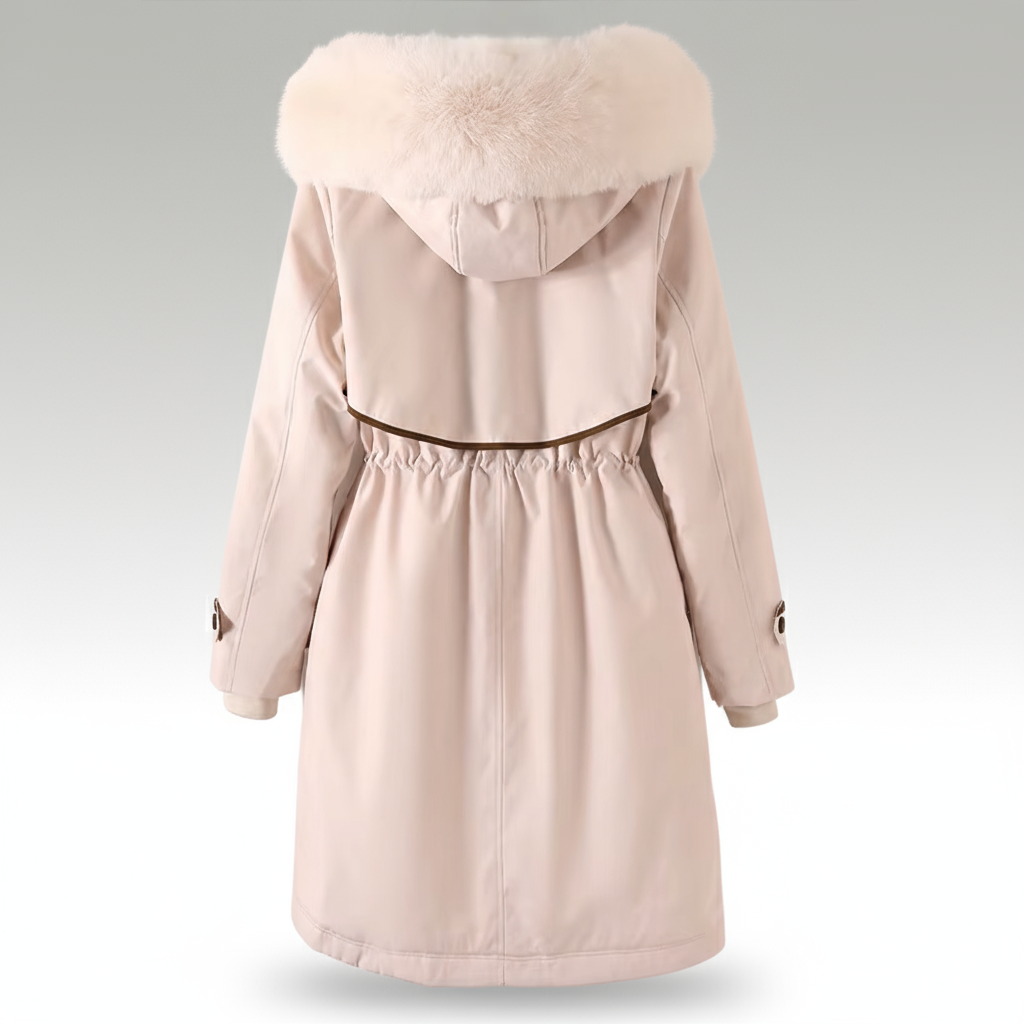 Beige winter coat with fur-lined hood on a light gray background