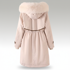 Beige winter coat with fur-lined hood on a light gray background