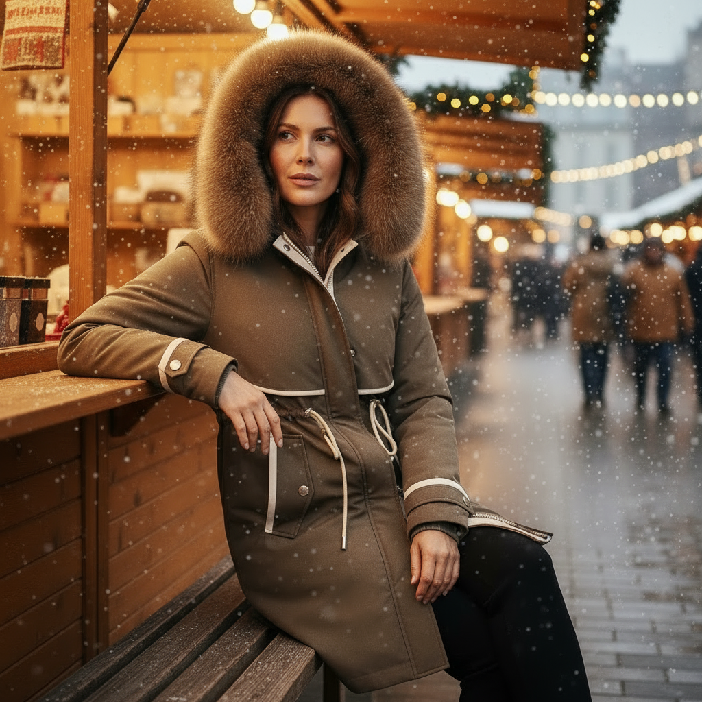 Woman in a brown winter coat with fur hood sitting at a wooden table in a snowy outdoor setting.