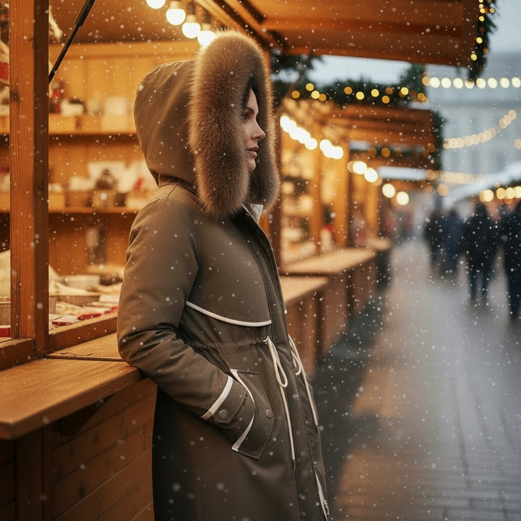 Person wearing a fur-lined hooded coat in a snowy market setting