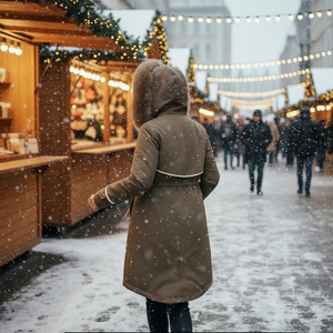 Person in a brown coat walking through a snowy market street with Christmas lights.