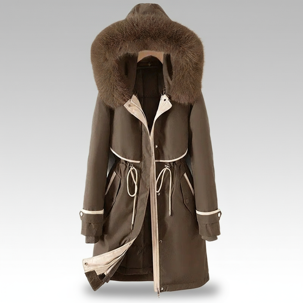 Brown coat with fur hood on a gray background