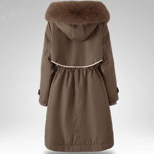 Brown coat with fur hood on a light gray background