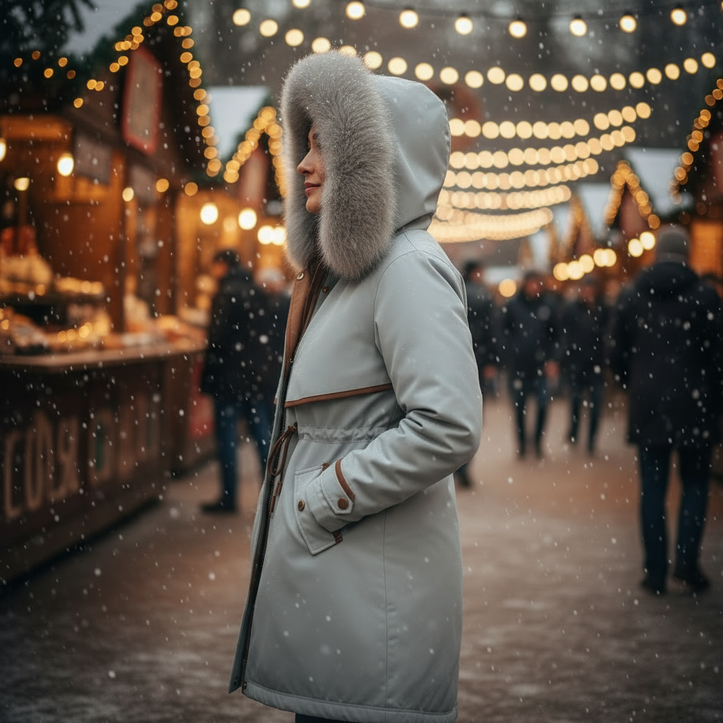 Person wearing a fur-lined coat in a festive outdoor setting with lights and people.