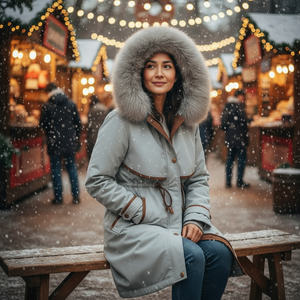Woman in a winter coat with fur hood sitting on a bench at a festive market.