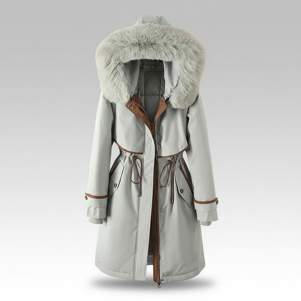 Light gray winter coat with fur hood on a light gray background