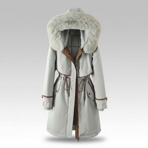 Light gray winter coat with fur hood on a light gray background
