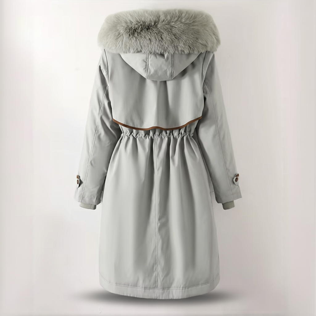 Light gray parka coat with fur hood on a white background