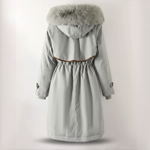 Light gray parka coat with fur hood on a white background