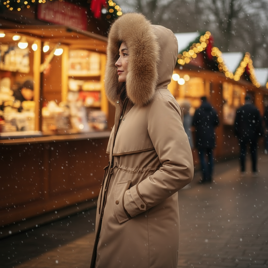 Person wearing a brown coat with a fur hood in a festive outdoor setting