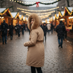 Person in a beige coat with fur hood standing in a festive outdoor market during snowfall.