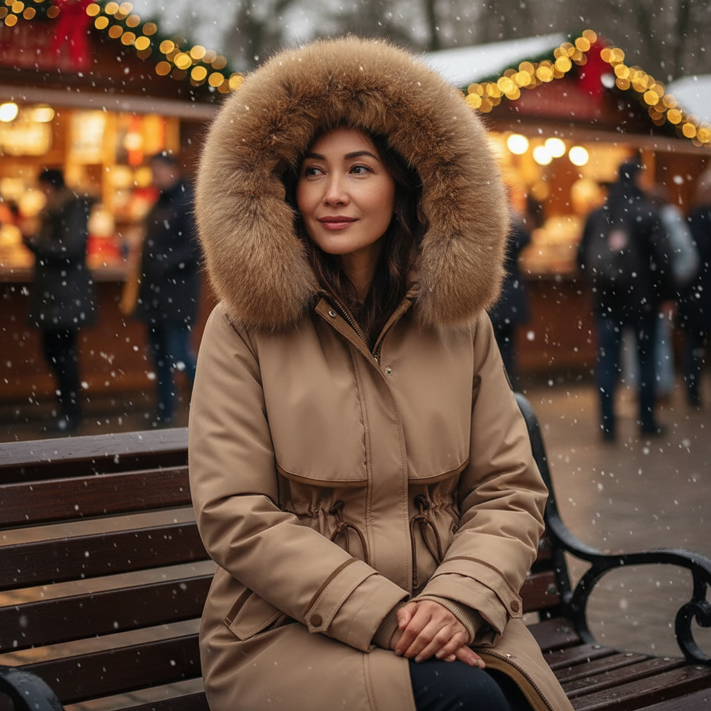 Person in a beige coat with fur hood standing in a festive outdoor market during snowfall.