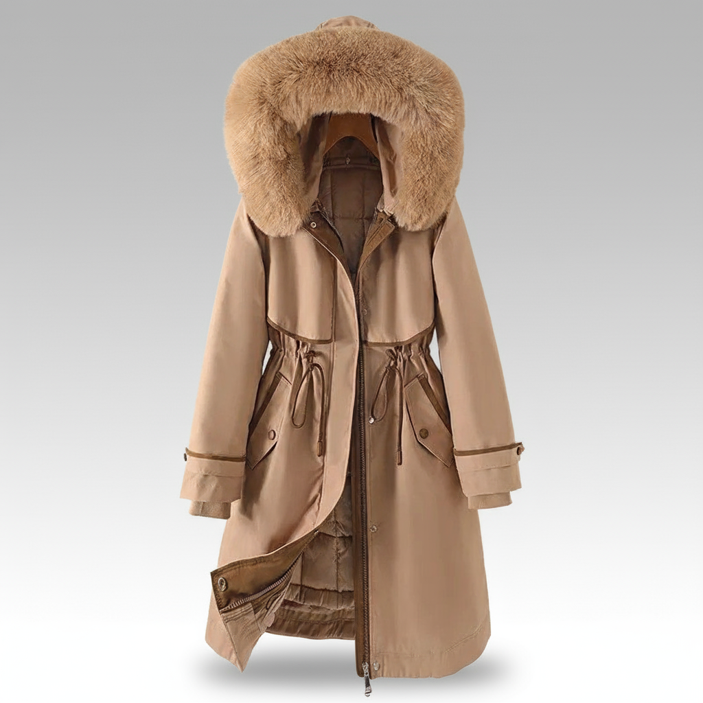 Beige trench coat with fur hood on a gray background