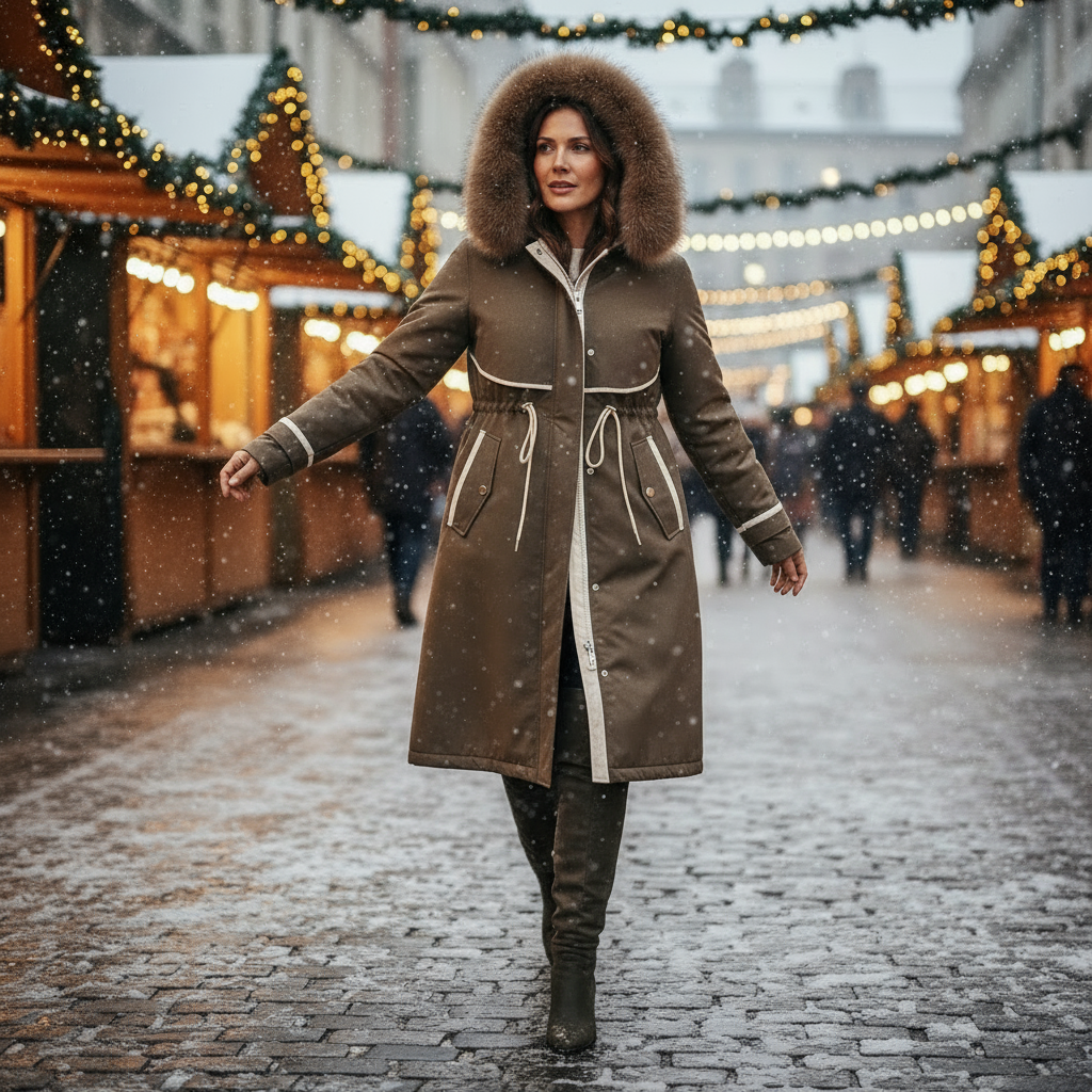 Woman in a long brown coat with a fur hood walking on a snowy street with Christmas lights.