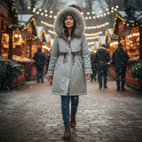 Woman in a fur-lined coat walking on a snowy street with festive lights in the background