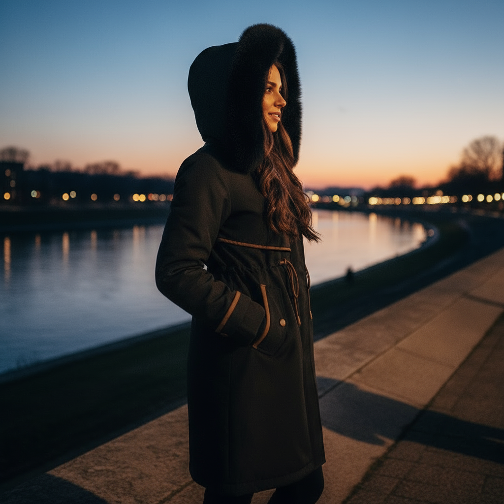 Woman in a dark coat standing by a waterfront at dusk