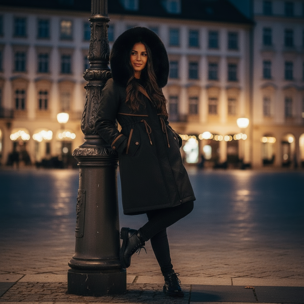 Woman in a black coat and hat leaning against a lamp post in an urban setting at night.