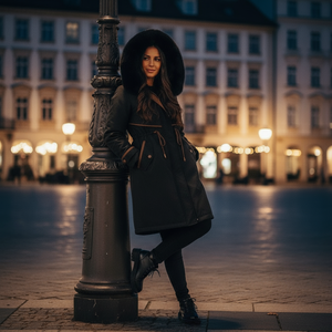 Woman in a black coat and hat leaning against a lamp post in an urban setting at night.