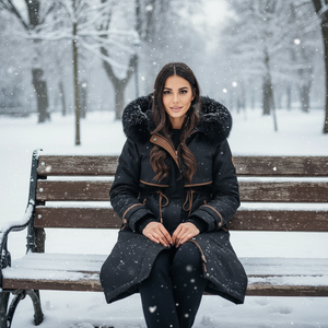 Woman sitting on a snow-covered bench in a park during a snowfall