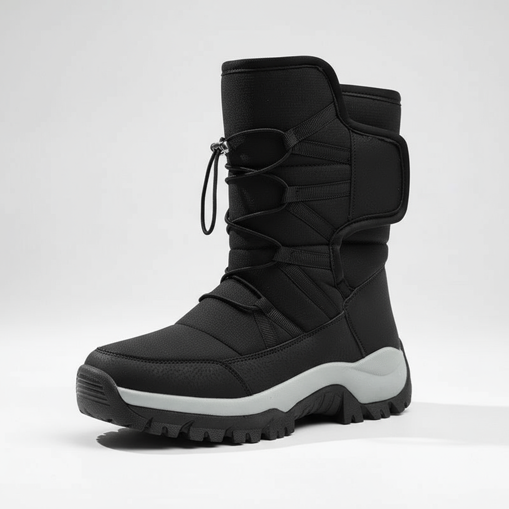 Black winter boot with gray sole on a white background