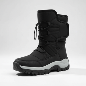 Black winter boot with gray sole on a white background