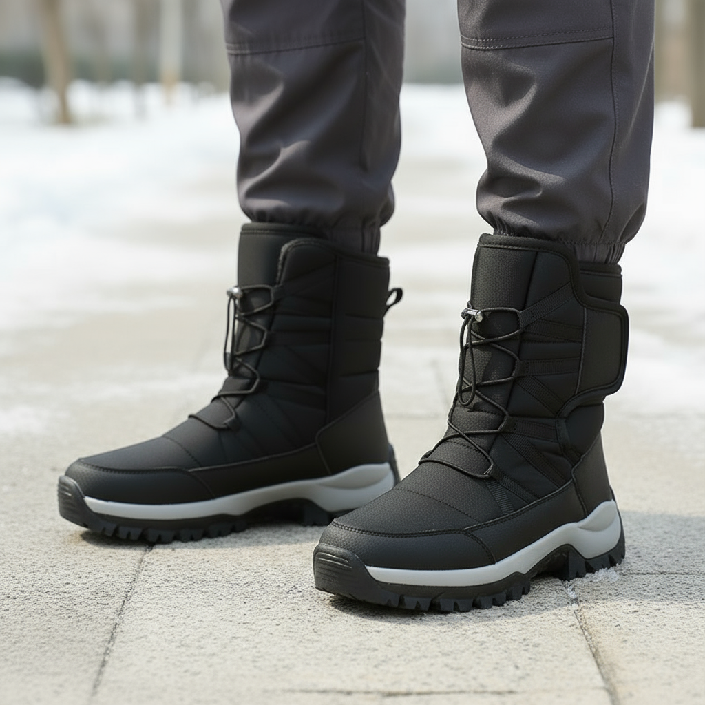 Black winter boots with gray soles worn by a person on a snowy ground.