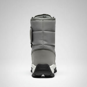 Gray winter boot with a white sole on a light gray background