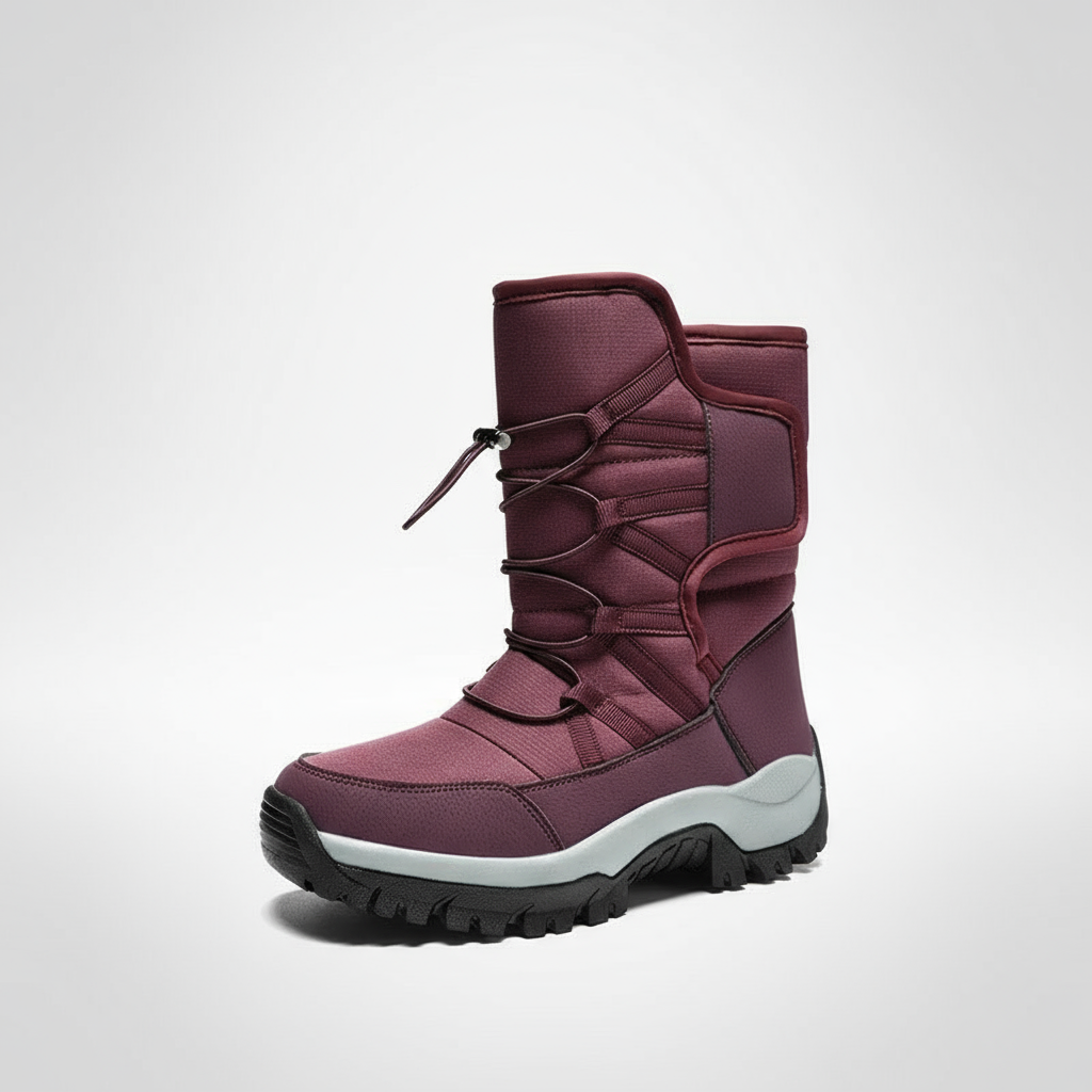 Purple winter boot with a white sole on a light gray background
