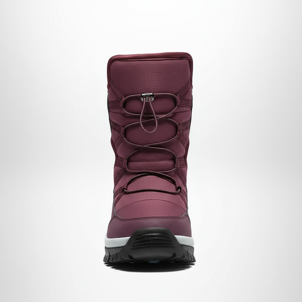 Maroon winter boot on a white background