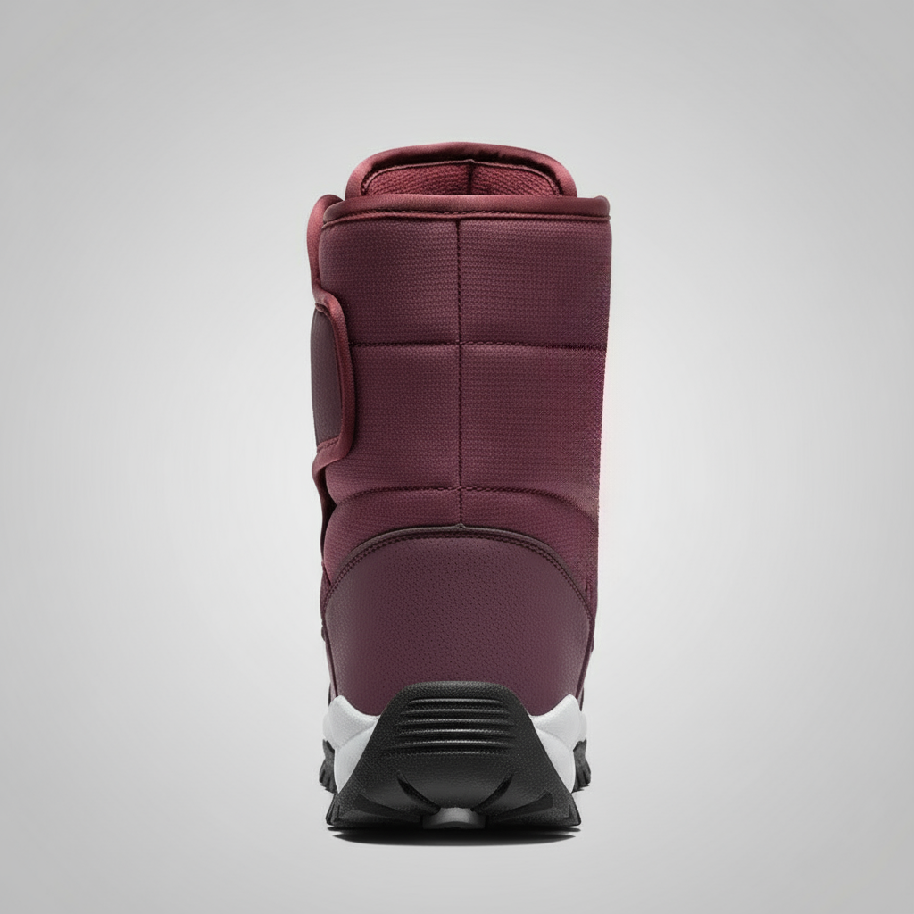 Maroon winter boot with a white sole on a white background