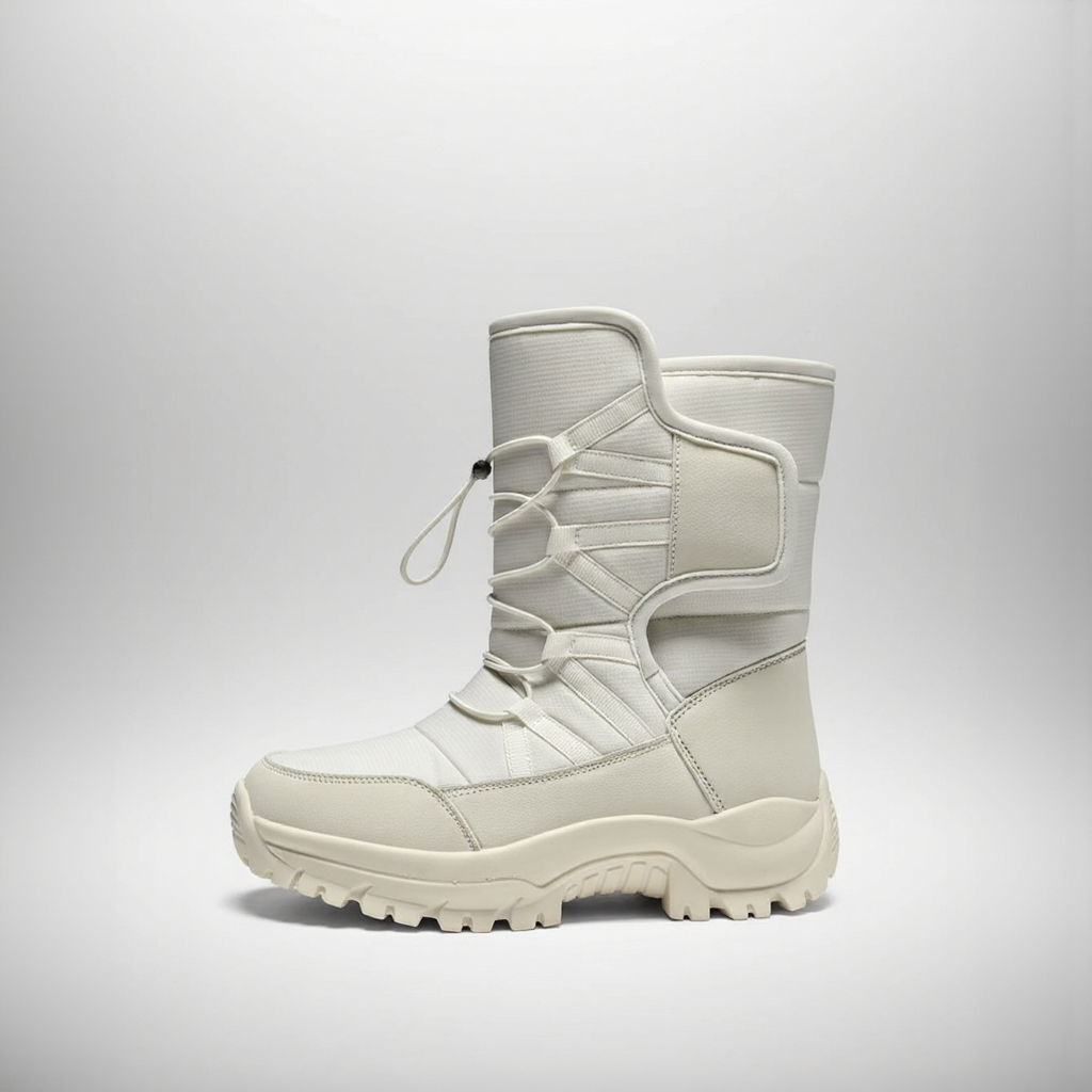 White winter boot on a light gray background