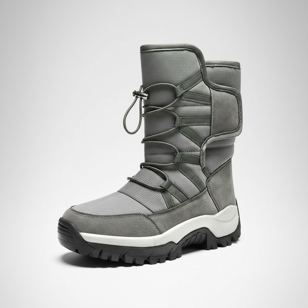 Gray winter boot with white sole on a light gray background