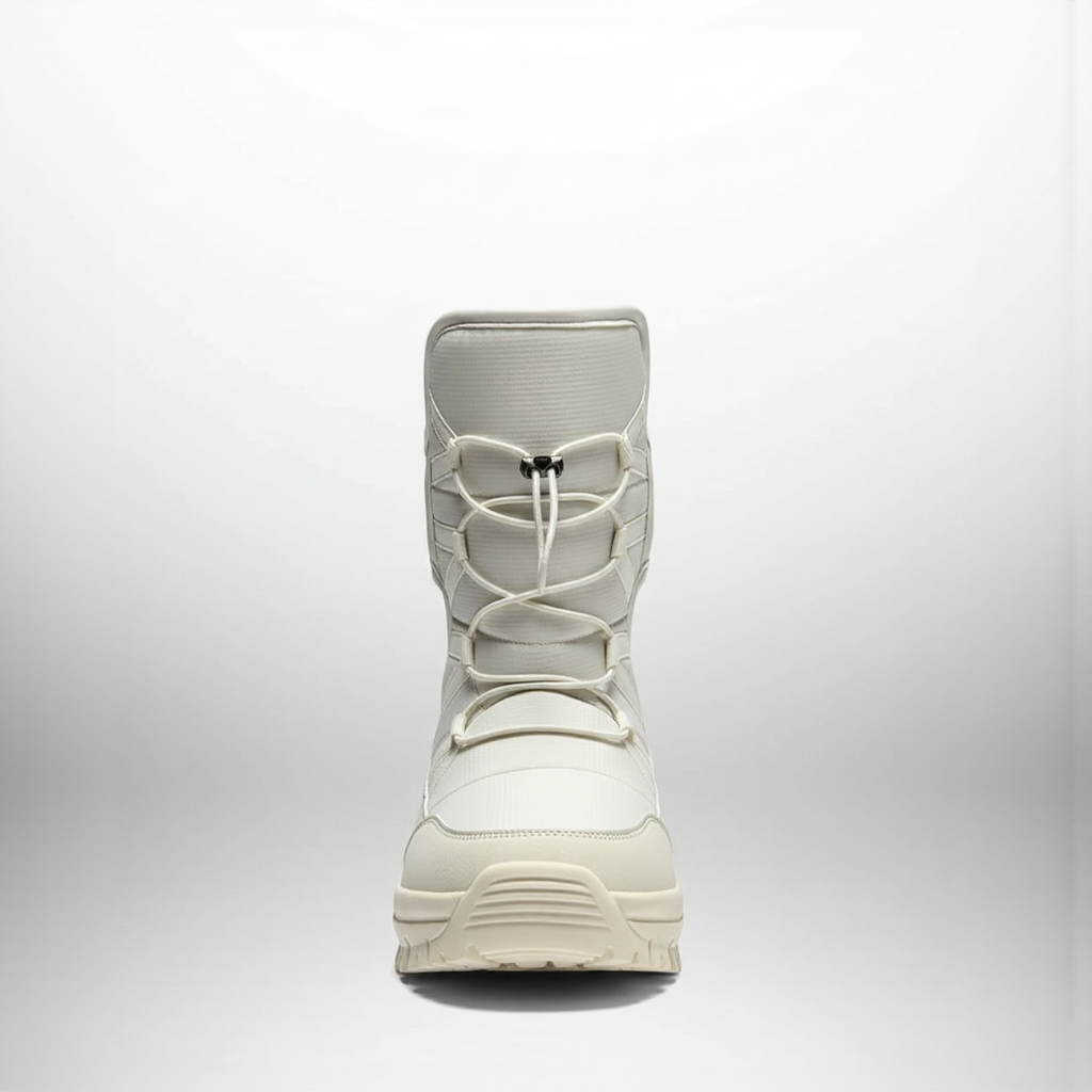 White boot with lace-up design on a light gray background