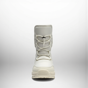 White boot with lace-up design on a light gray background