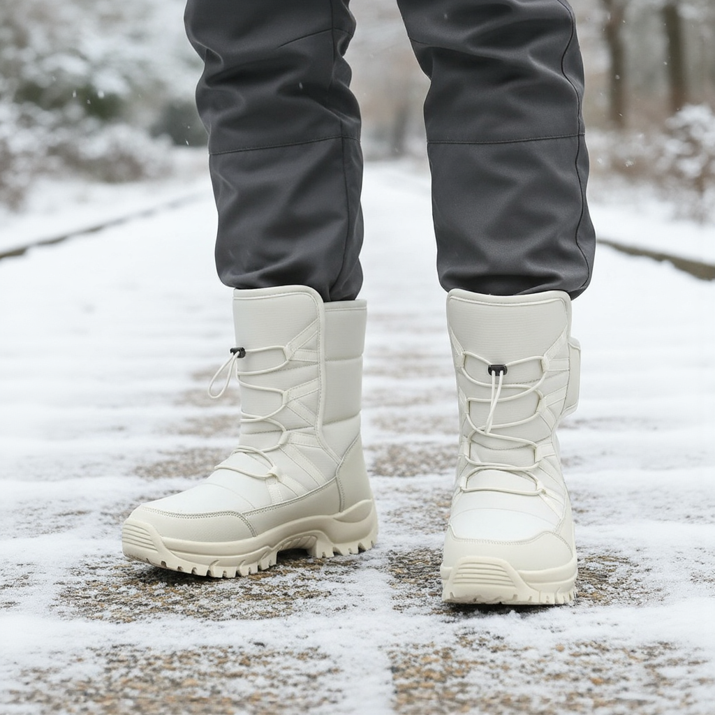 White winter boots worn with gray pants on a snowy ground.