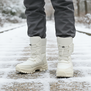 White winter boots worn with gray pants on a snowy ground.