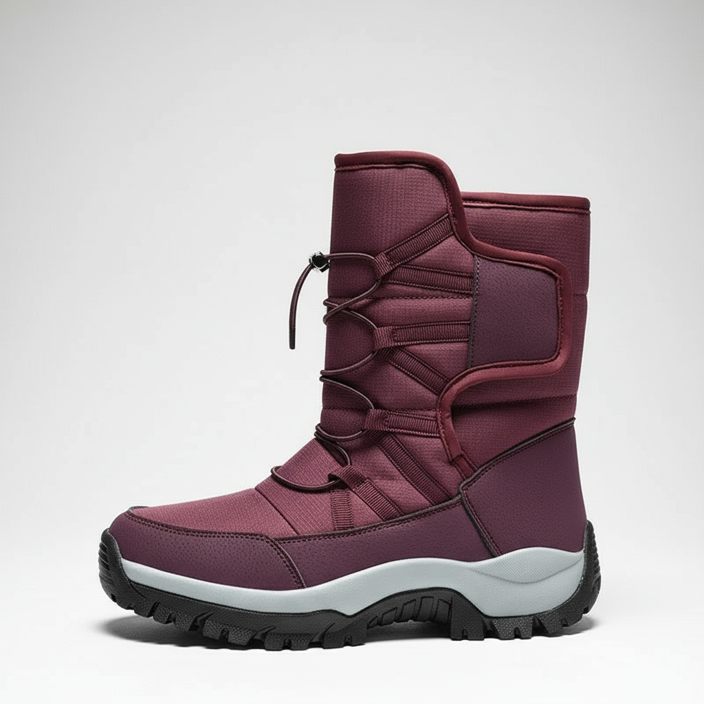 Maroon winter boot with a white sole on a light gray background