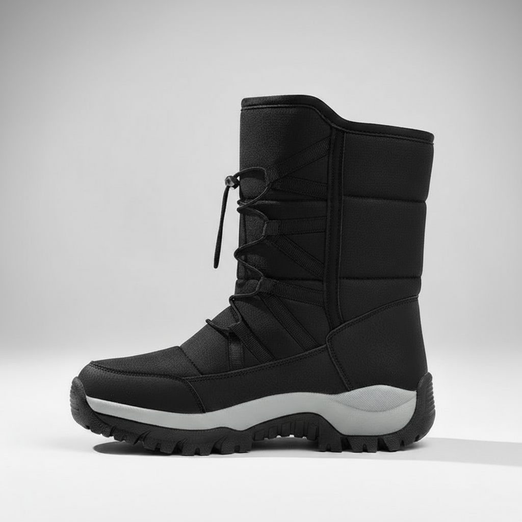 Black winter boot with a white sole on a light gray background