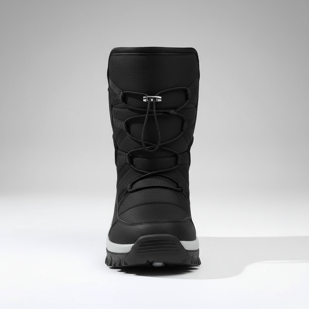 Black winter boot with white sole on a gray background