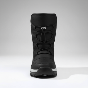 Black winter boot with white sole on a gray background