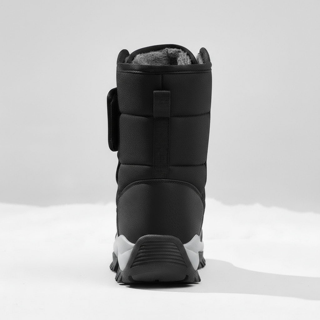 Black winter boot with gray sole on a white background