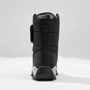 Black winter boot with gray sole on a white background