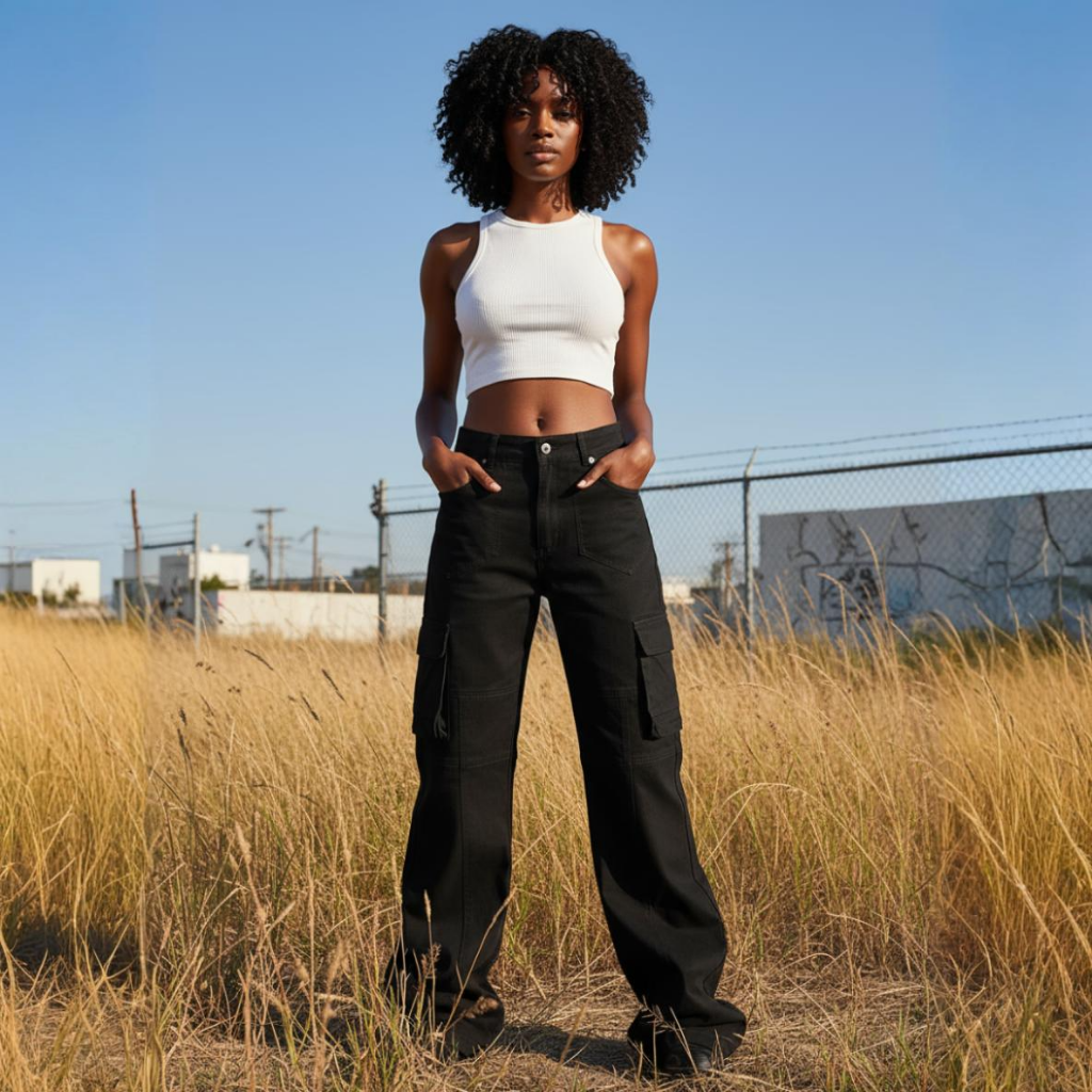 Woman in a white crop top and black cargo pants standing in a field with a clear blue sky.