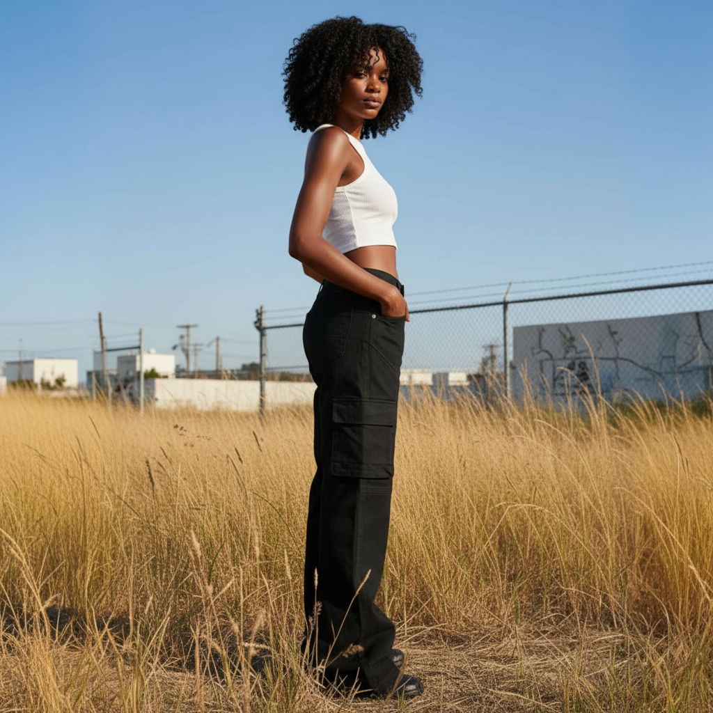 Woman standing in a field of tall grass with a clear blue sky.