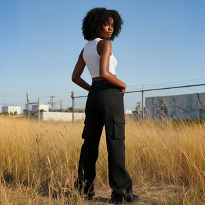 Woman in a white sleeveless top and black cargo pants standing in a field with a clear blue sky.