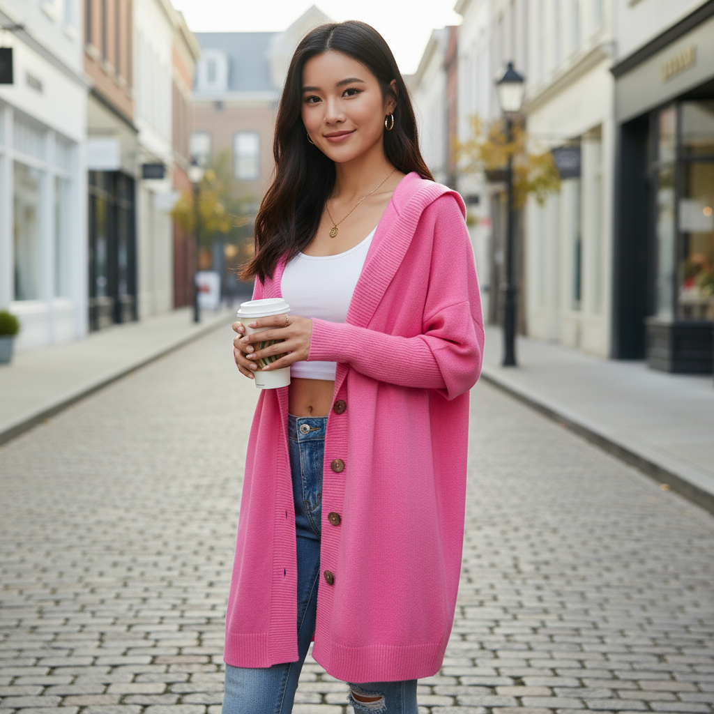Woman wearing a pink cardigan and white crop top holding a coffee cup on a cobblestone street.