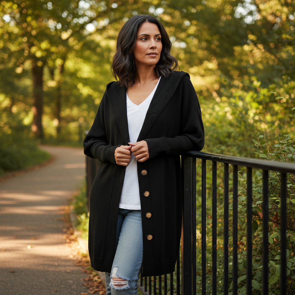 Woman wearing a black coat and light blue jeans standing on a path with greenery.