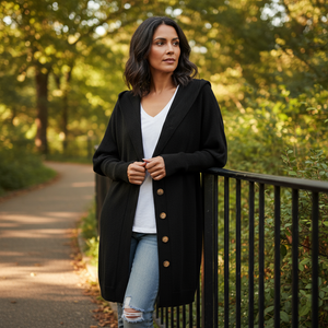 Woman wearing a black coat and light blue jeans standing on a path with greenery.
